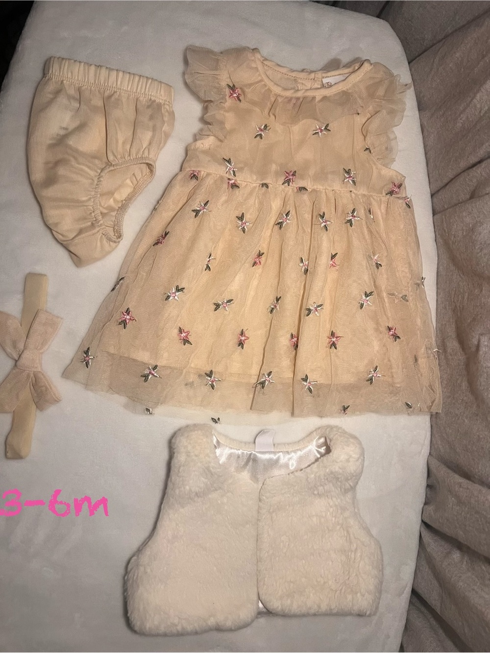 Baby Girls Floral Embroidered Tulle Dress Set - Cream